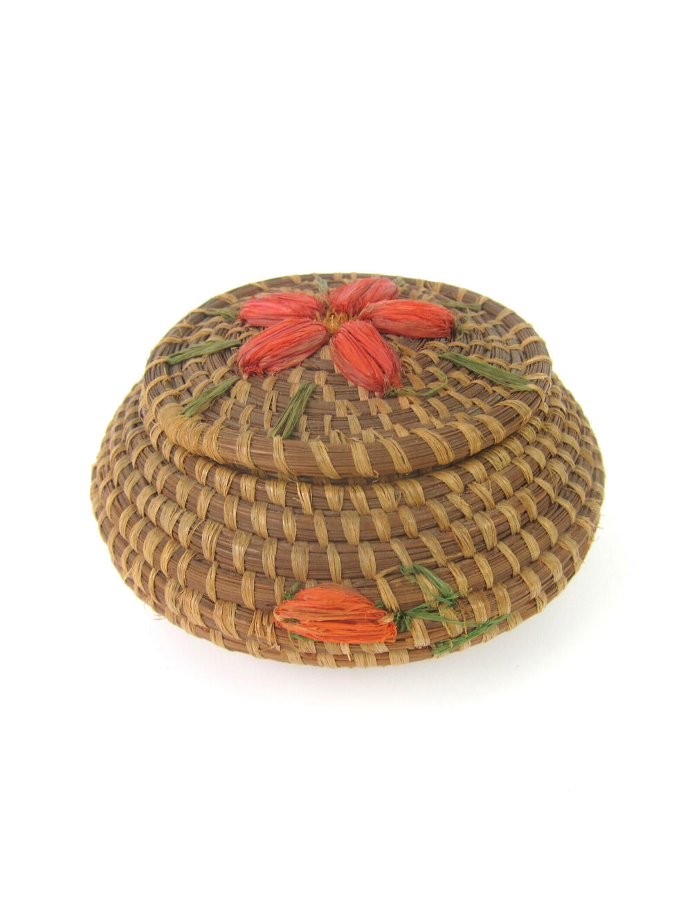 Coushatta Pine Needle Basket Applied Flowers Lidded Native American Vintage RARE